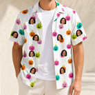Man wearing Men's Patch Prowlers Custom Face Hawaiian Shirt open over a white tee