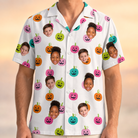 Model wearing Men's Patch Prowlers Custom Face Hawaiian Shirt printed with kids' faces