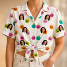 Woman wearing Women's Patch Prowlers Custom Face Hawaiian Shirt tied at the waist