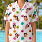 Model wearing Women's Patch Prowlers Custom Face Hawaiian Shirt printed with kids' faces
