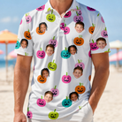 Model wearing Men's Patch Prowlers Custom Face Polo Shirt printed with kids' faces