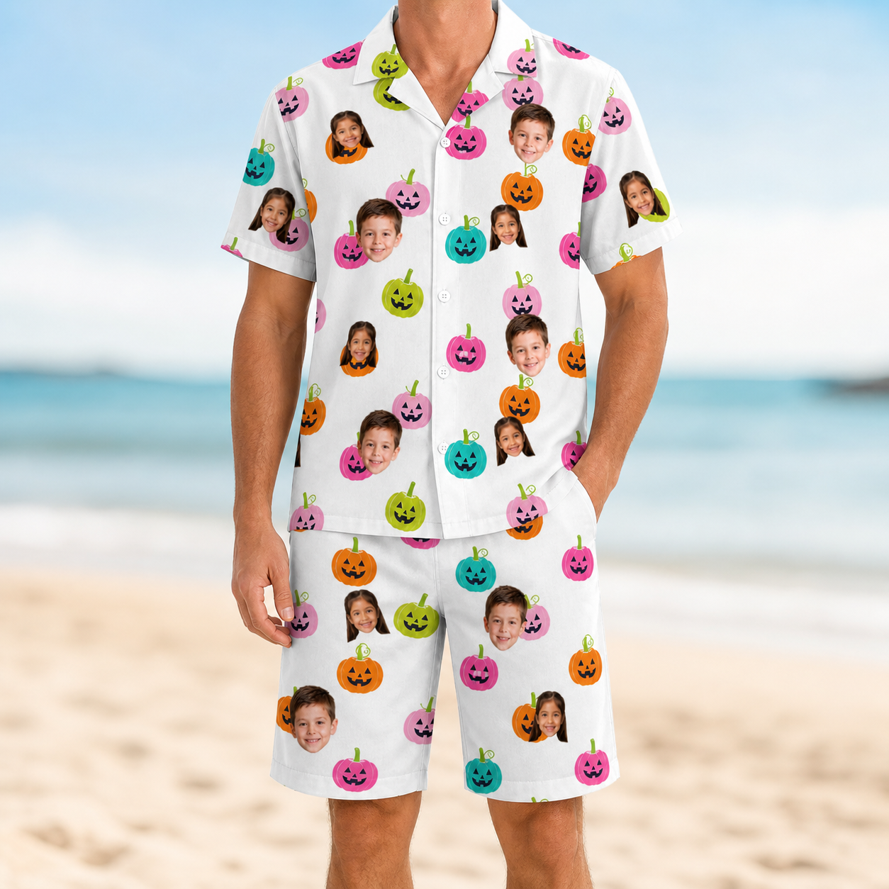 Model wearing Men's Patch Prowlers Custom Face Shirt & Shorts Set printed with kids' faces