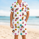 Model wearing Men's Patch Prowlers Custom Face Shirt & Shorts Set printed with kids' faces