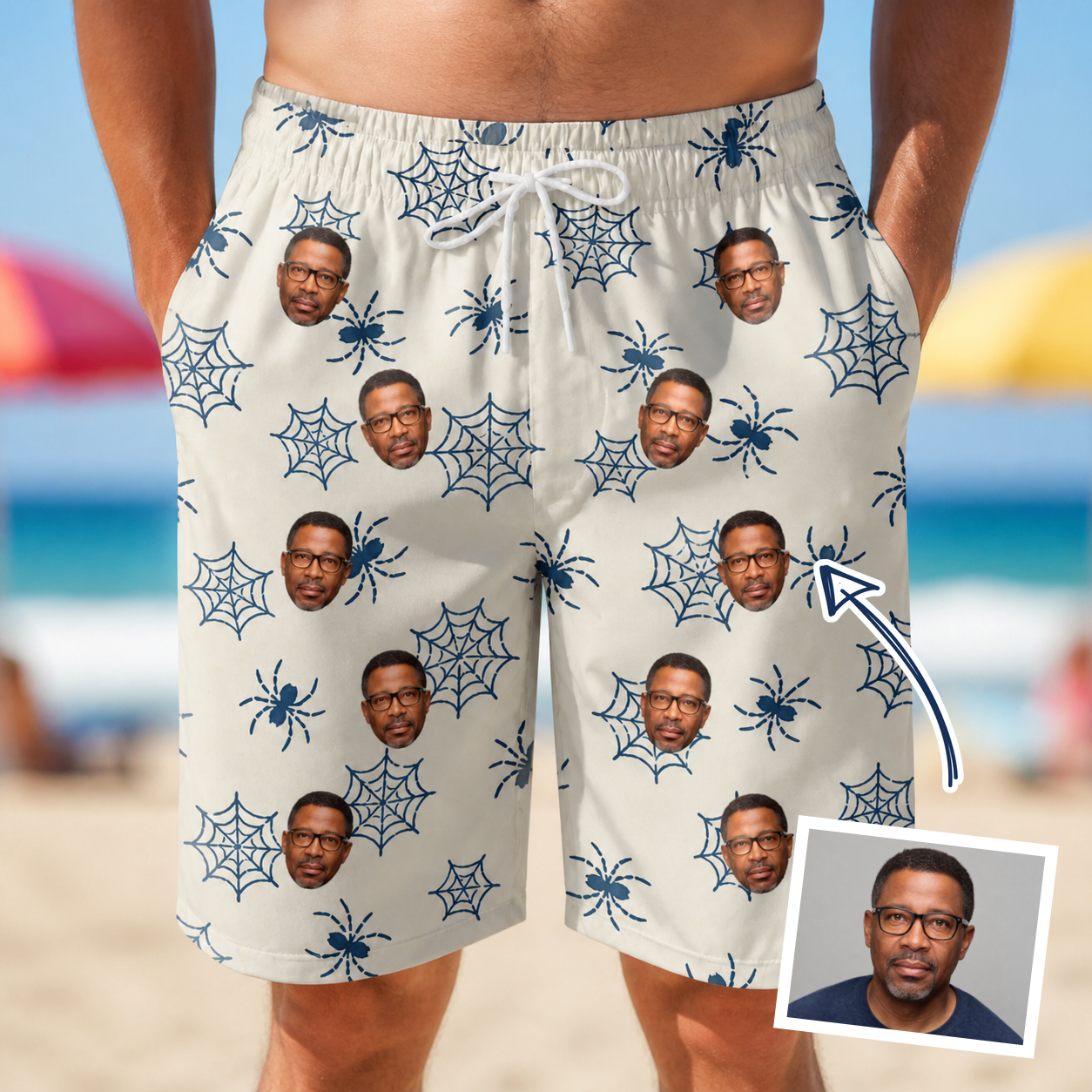 Man wearing Men's Gloom Looms Custom Face Beach Shorts — custom faces printed all-over