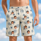 Model wearing Men's Gloom Looms Custom Face Beach Shorts printed with kids' faces