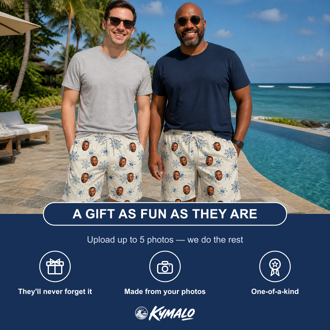 Friends in matching Men's Gloom Looms Custom Face Beach Shorts — a group gift photo