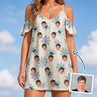 Woman wearing Women's Gloom Looms Custom Face Off-Shoulder Dress — custom faces printed all-over