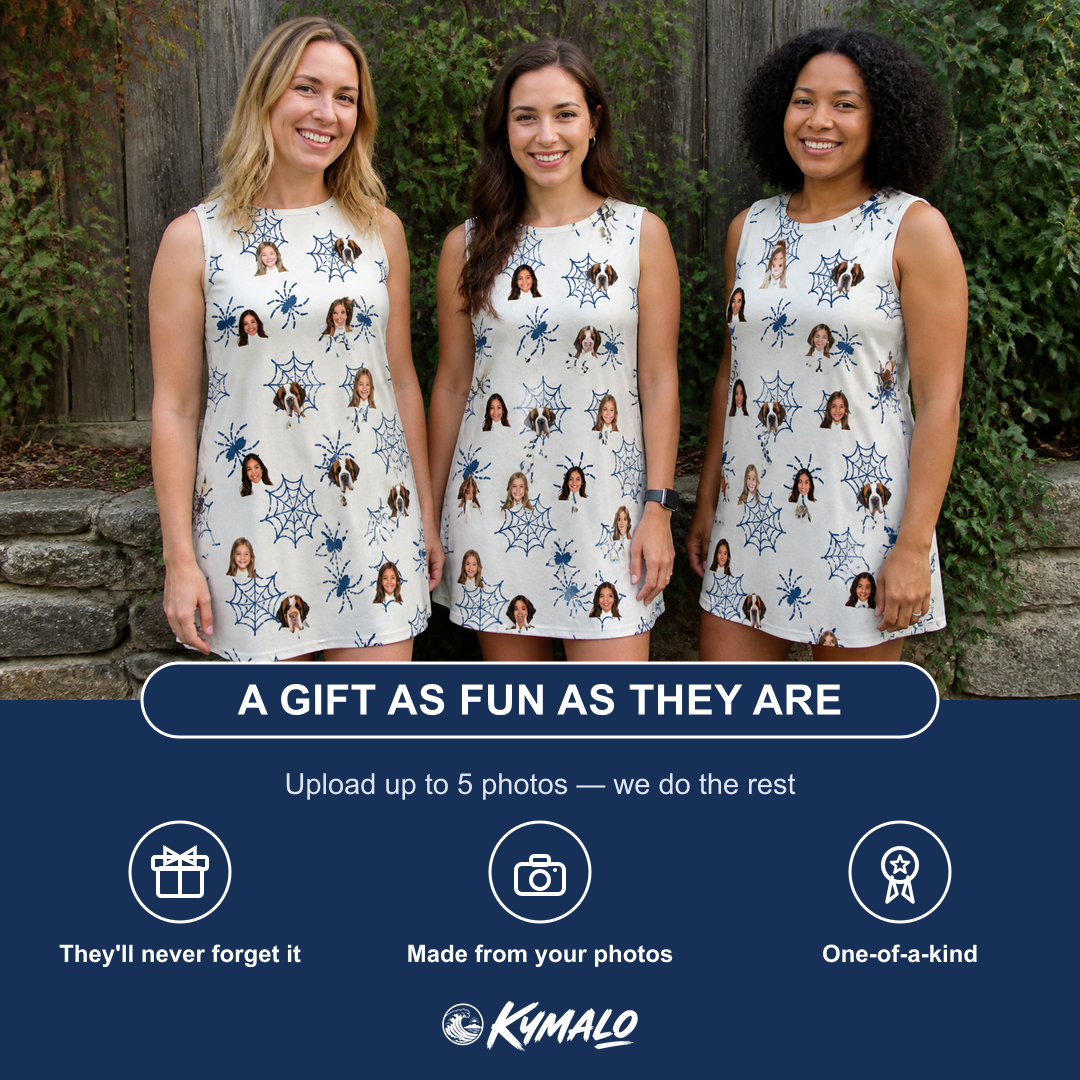 Friends in matching Women's Gloom Looms Custom Face Tank Dress — a group gift photo