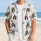 Man wearing Men's Gloom Looms Custom Face Hawaiian Shirt open over a white tee
