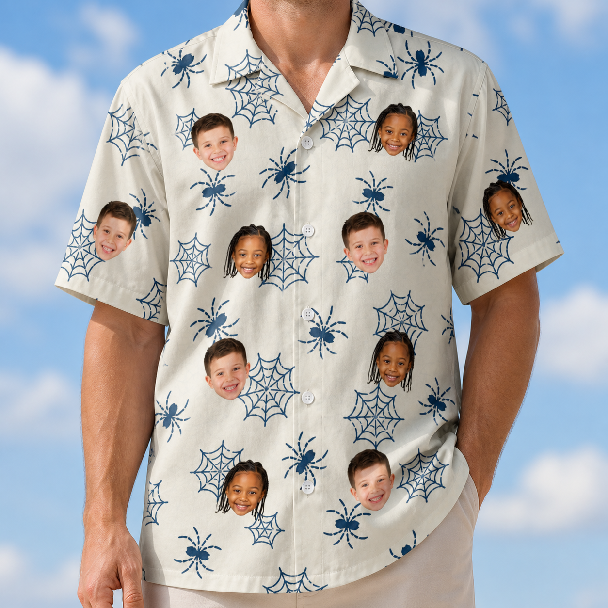 Model wearing Men's Gloom Looms Custom Face Hawaiian Shirt printed with kids' faces