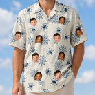 Model wearing Men's Gloom Looms Custom Face Hawaiian Shirt printed with kids' faces