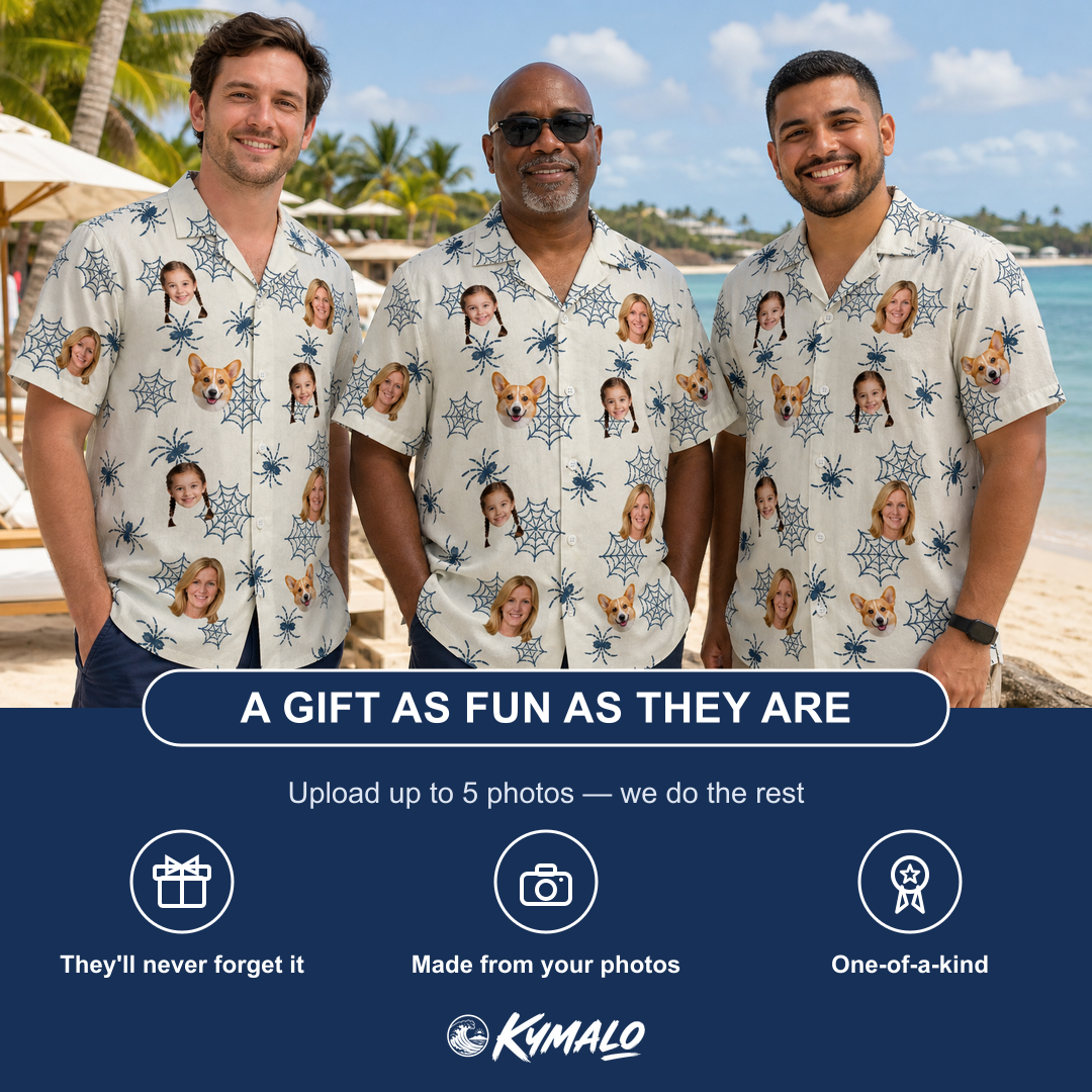 Friends in matching Men's Gloom Looms Custom Face Hawaiian Shirt — a group gift photo