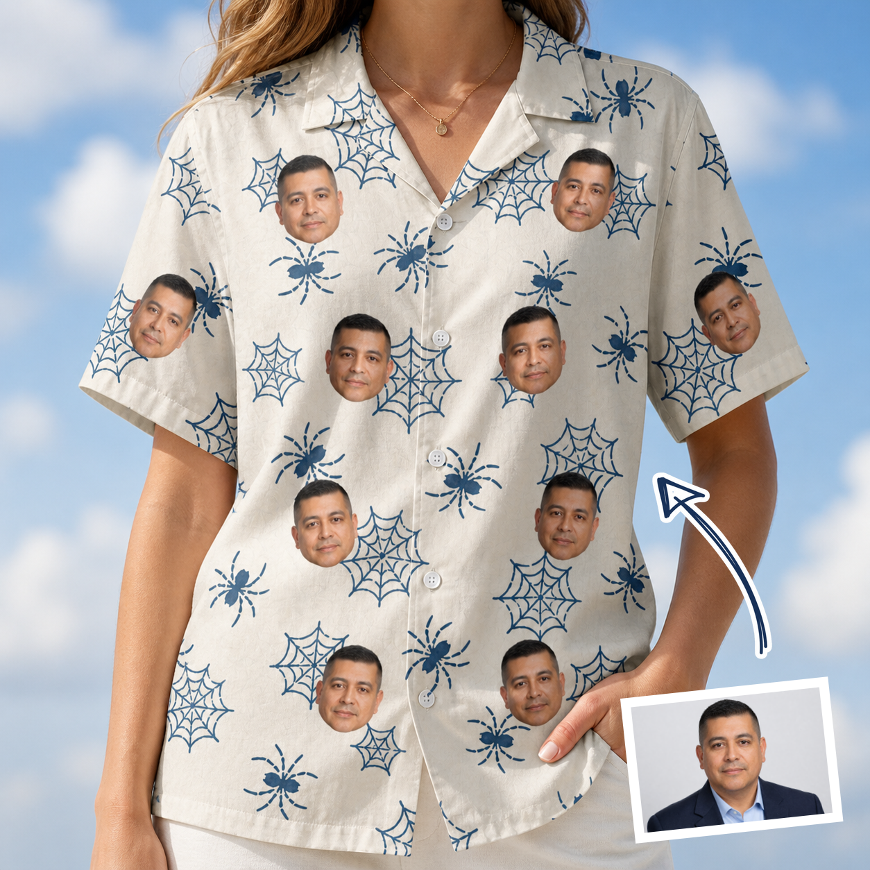 Woman wearing Women's Gloom Looms Custom Face Hawaiian Shirt — custom faces printed all-over