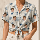 Woman wearing Women's Gloom Looms Custom Face Hawaiian Shirt tied at the waist