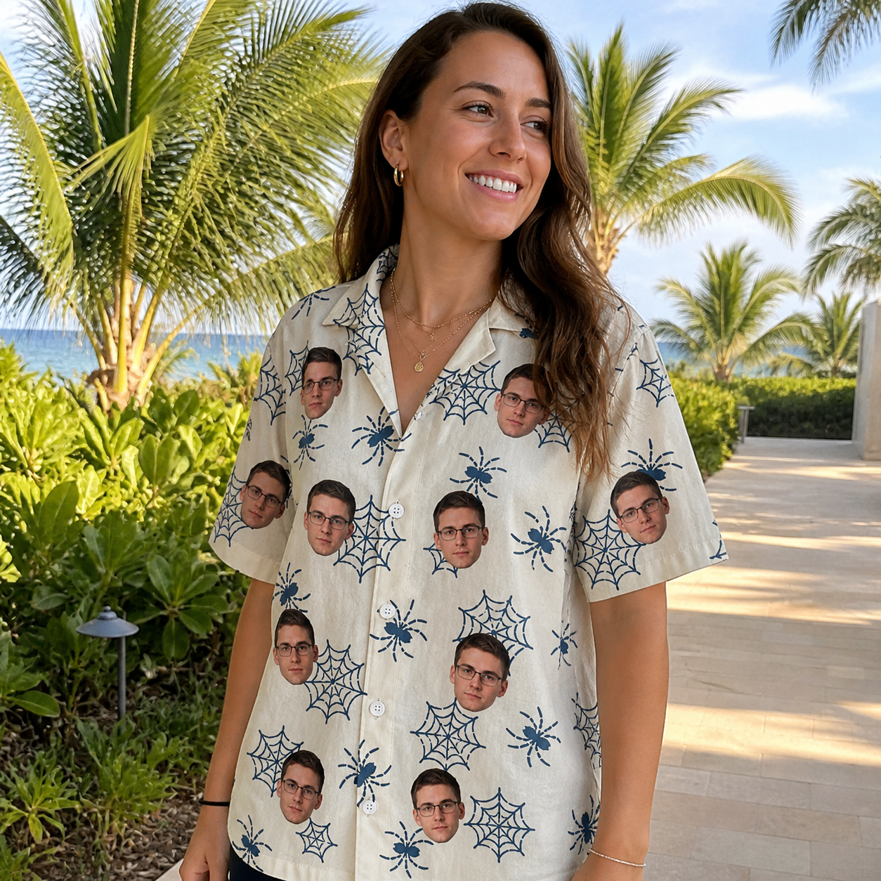 Real-life photo of someone wearing Women's Gloom Looms Custom Face Hawaiian Shirt — custom faces printed all-over