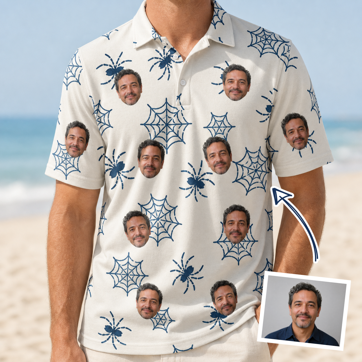 Man wearing Men's Gloom Looms Custom Face Polo Shirt — custom faces printed all-over
