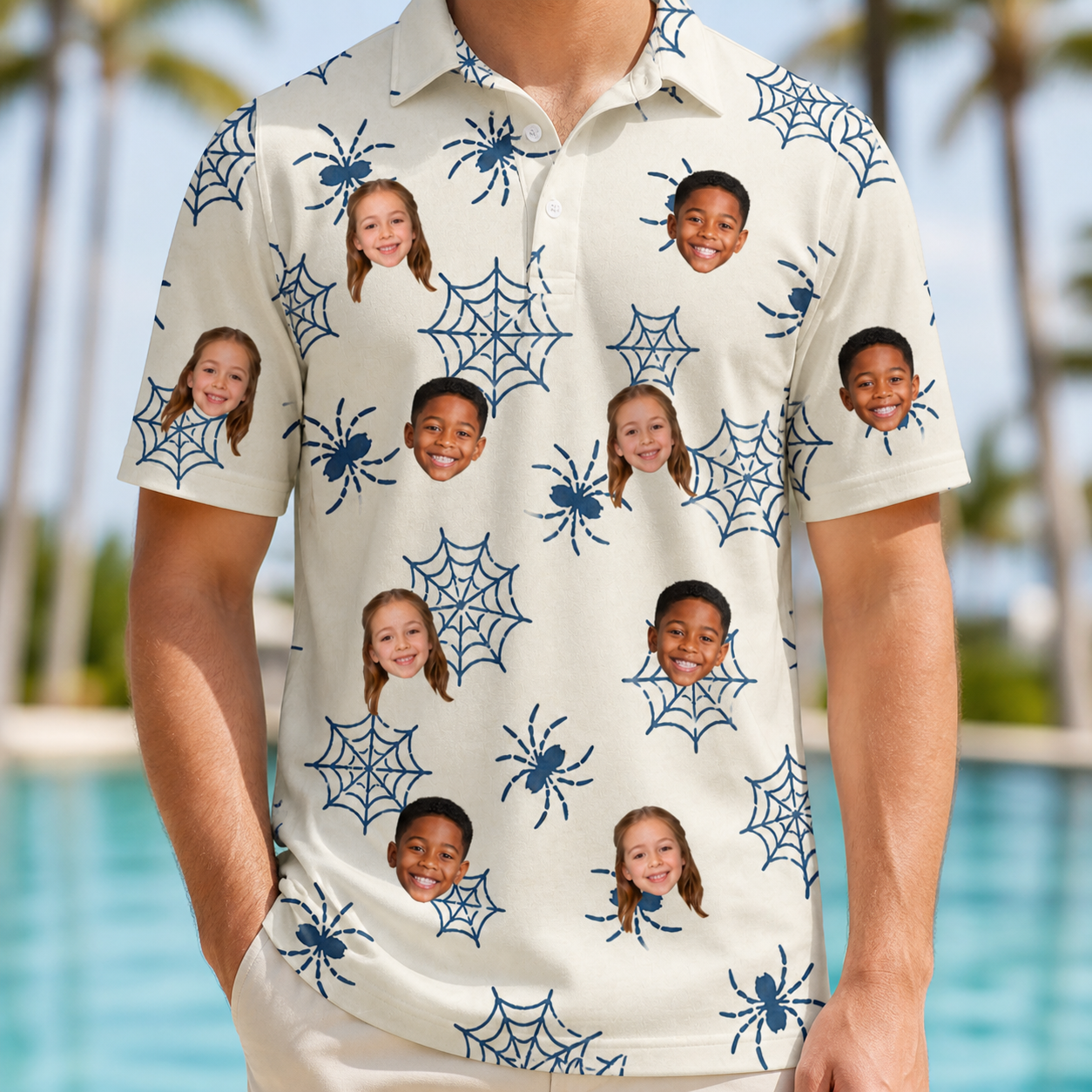 Model wearing Men's Gloom Looms Custom Face Polo Shirt printed with kids' faces