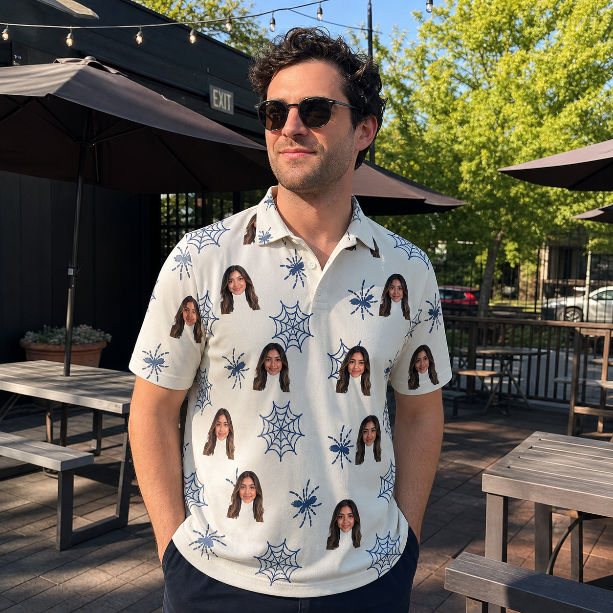 Real-life photo of someone wearing Men's Gloom Looms Custom Face Polo Shirt — custom faces printed all-over