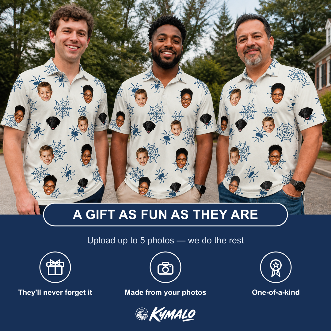 Friends in matching Men's Gloom Looms Custom Face Polo Shirt — a group gift photo
