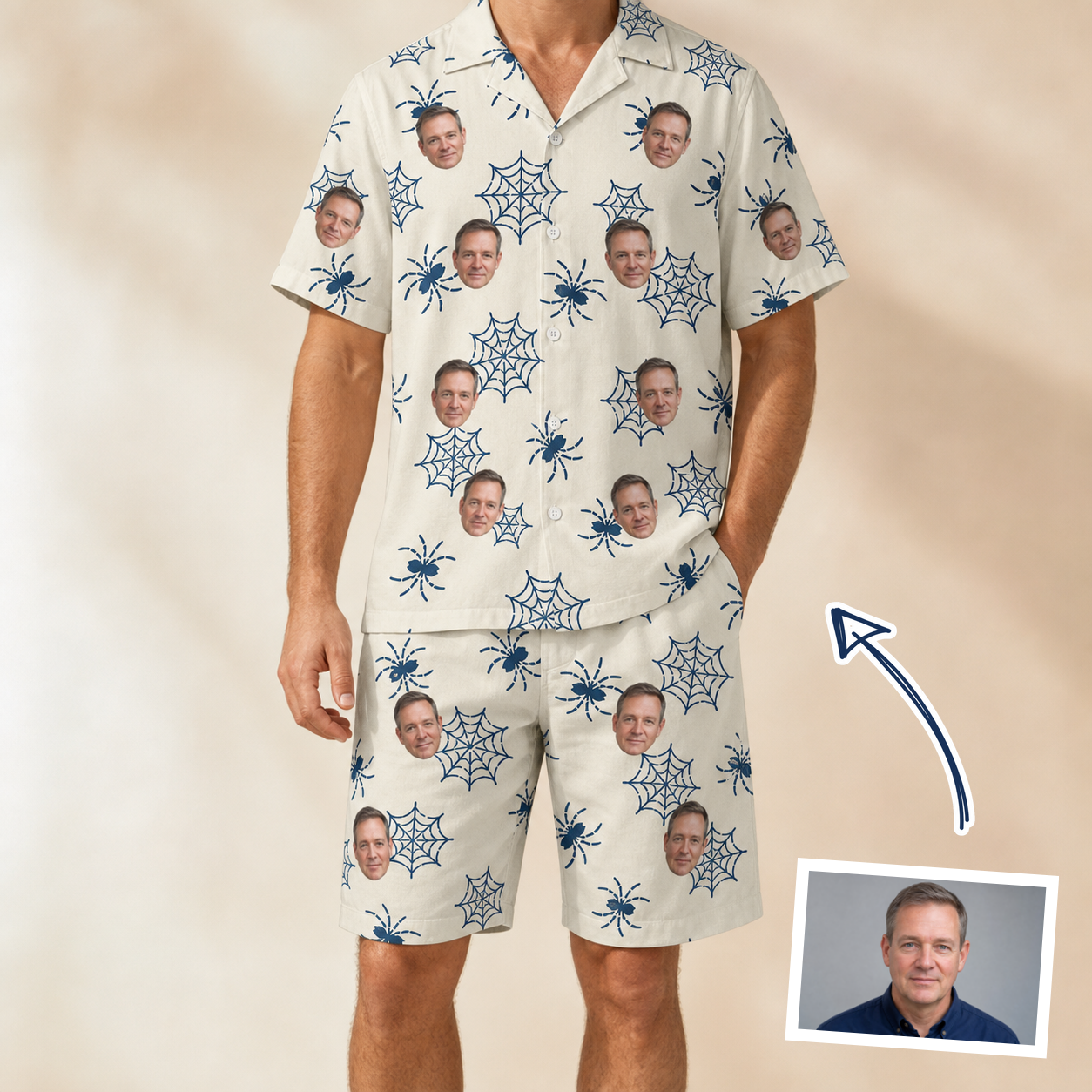 Man wearing Men's Gloom Looms Custom Face Shirt & Shorts Set — custom faces printed all-over