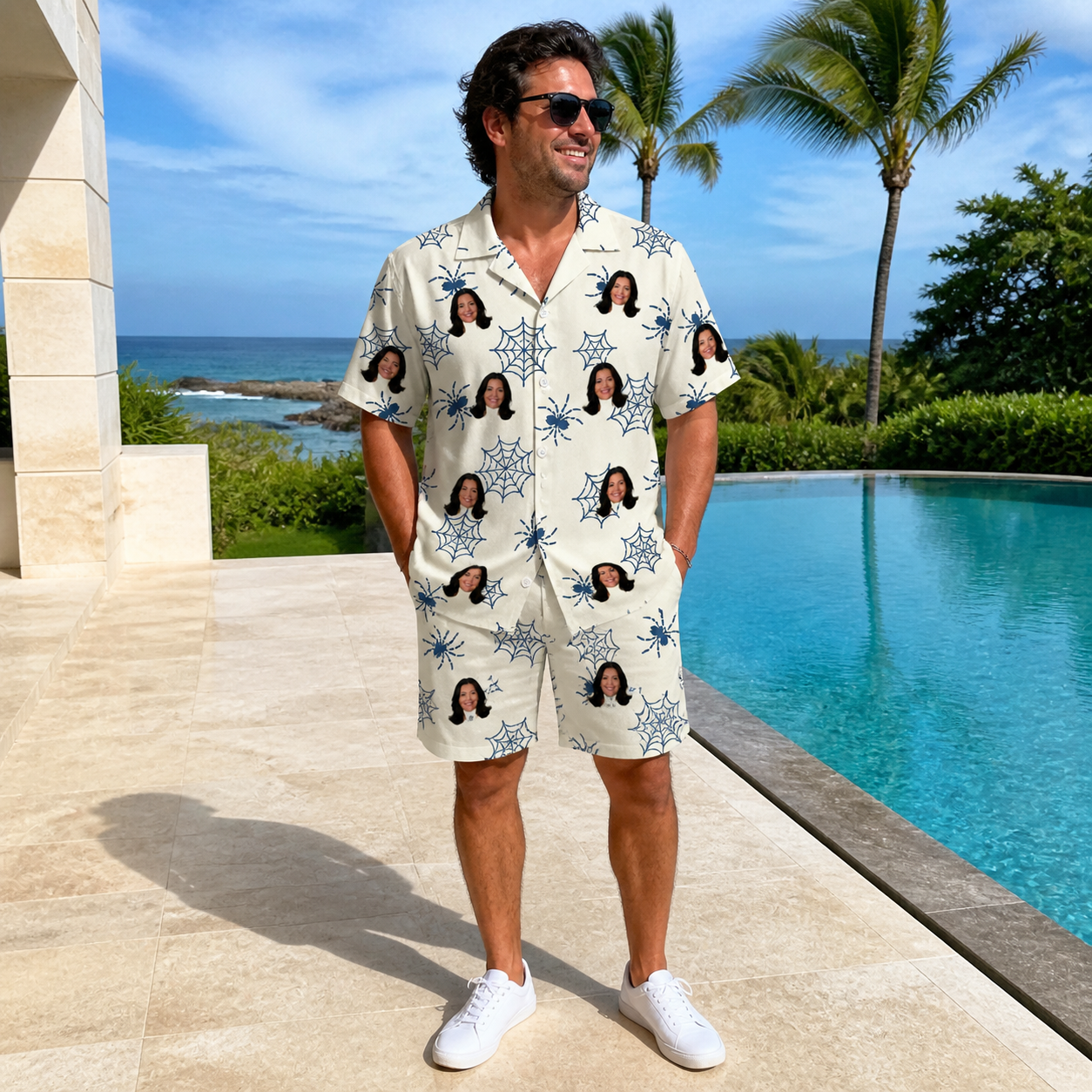 Real-life photo of someone wearing Men's Gloom Looms Custom Face Shirt & Shorts Set — custom faces printed all-over