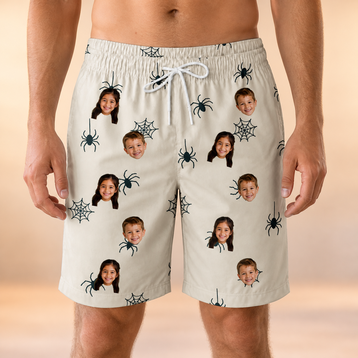 Model wearing Men's Tarantula Tango Custom Face Beach Shorts printed with kids' faces