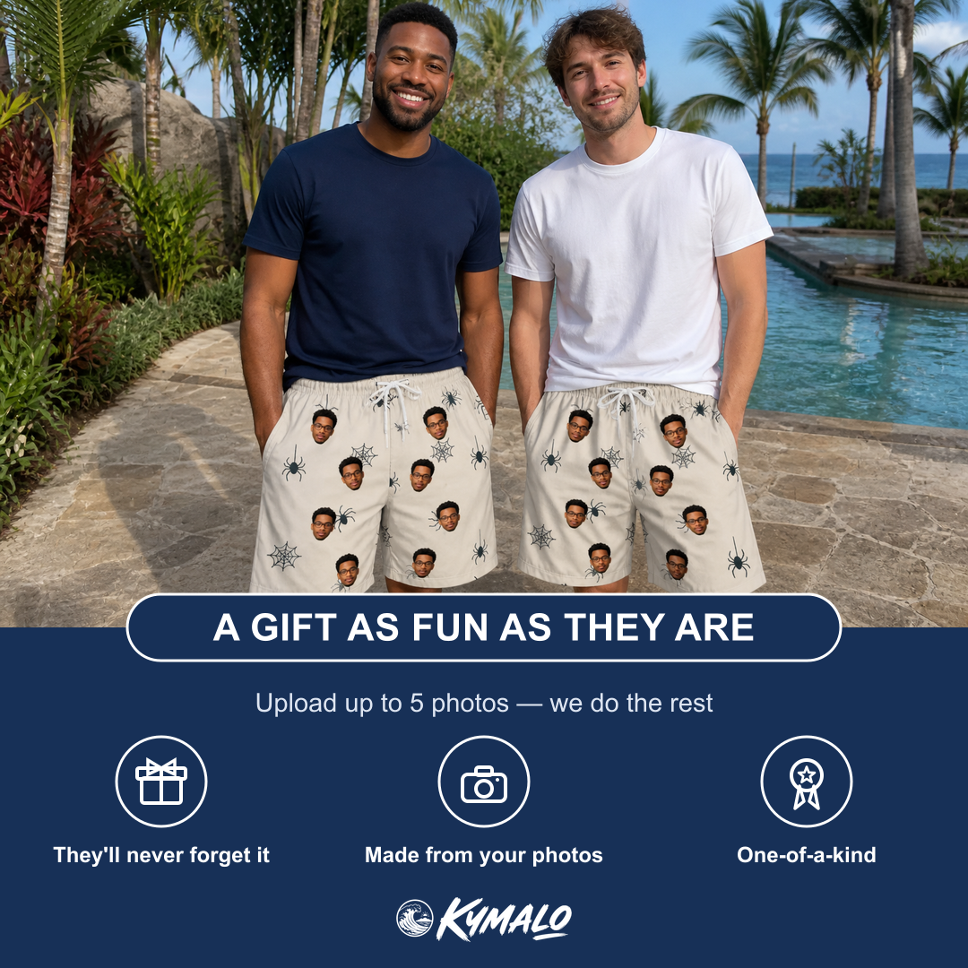 Friends in matching Men's Tarantula Tango Custom Face Beach Shorts — a group gift photo