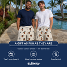 Friends in matching Men's Tarantula Tango Custom Face Beach Shorts — a group gift photo