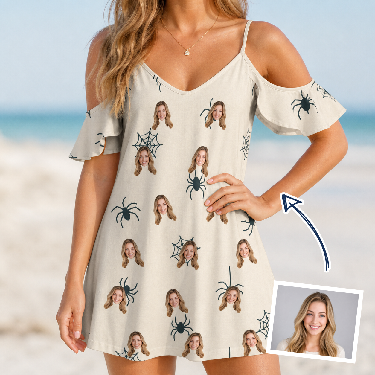 Woman wearing Women's Tarantula Tango Custom Face Off-Shoulder Dress — custom faces printed all-over