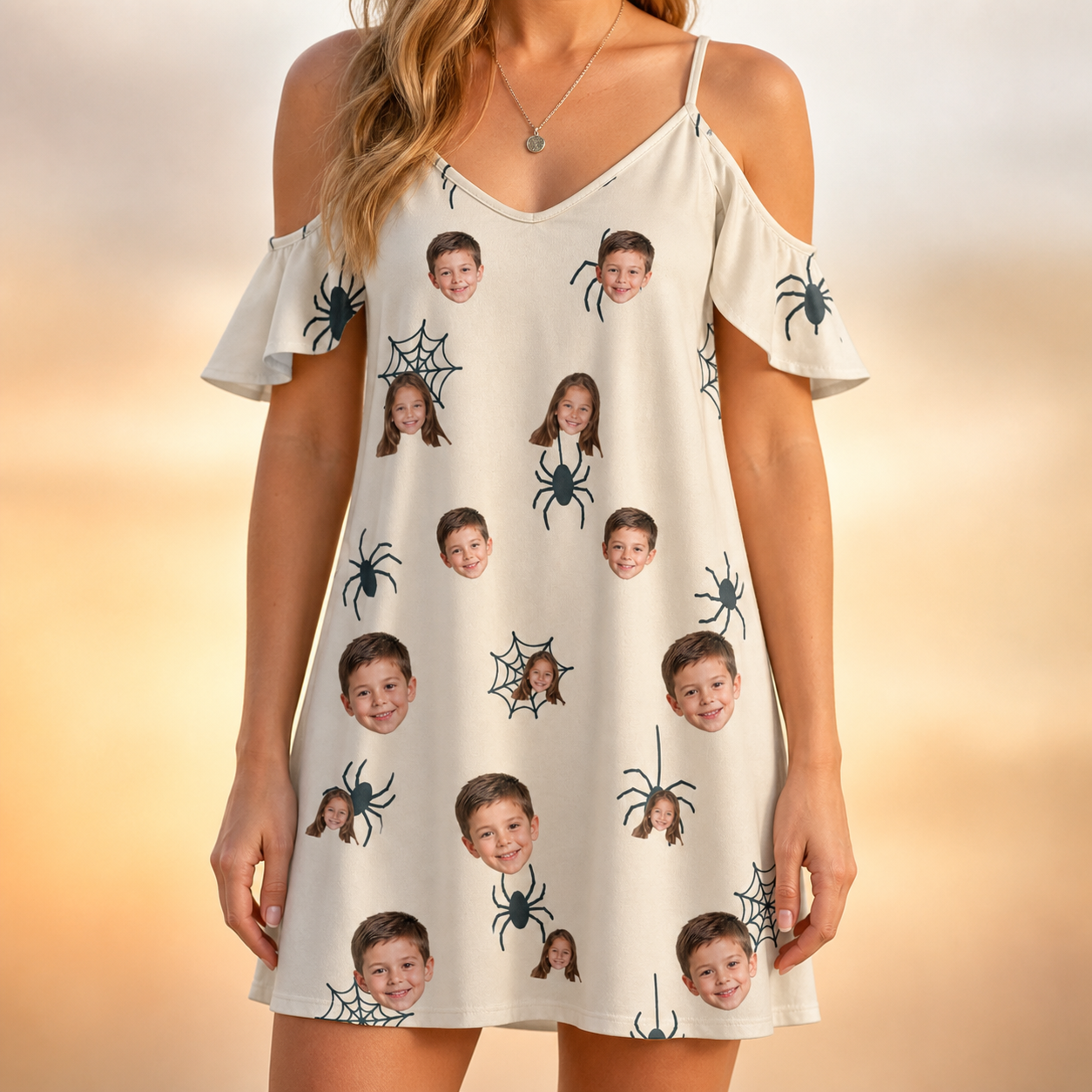 Model wearing Women's Tarantula Tango Custom Face Off-Shoulder Dress printed with kids' faces