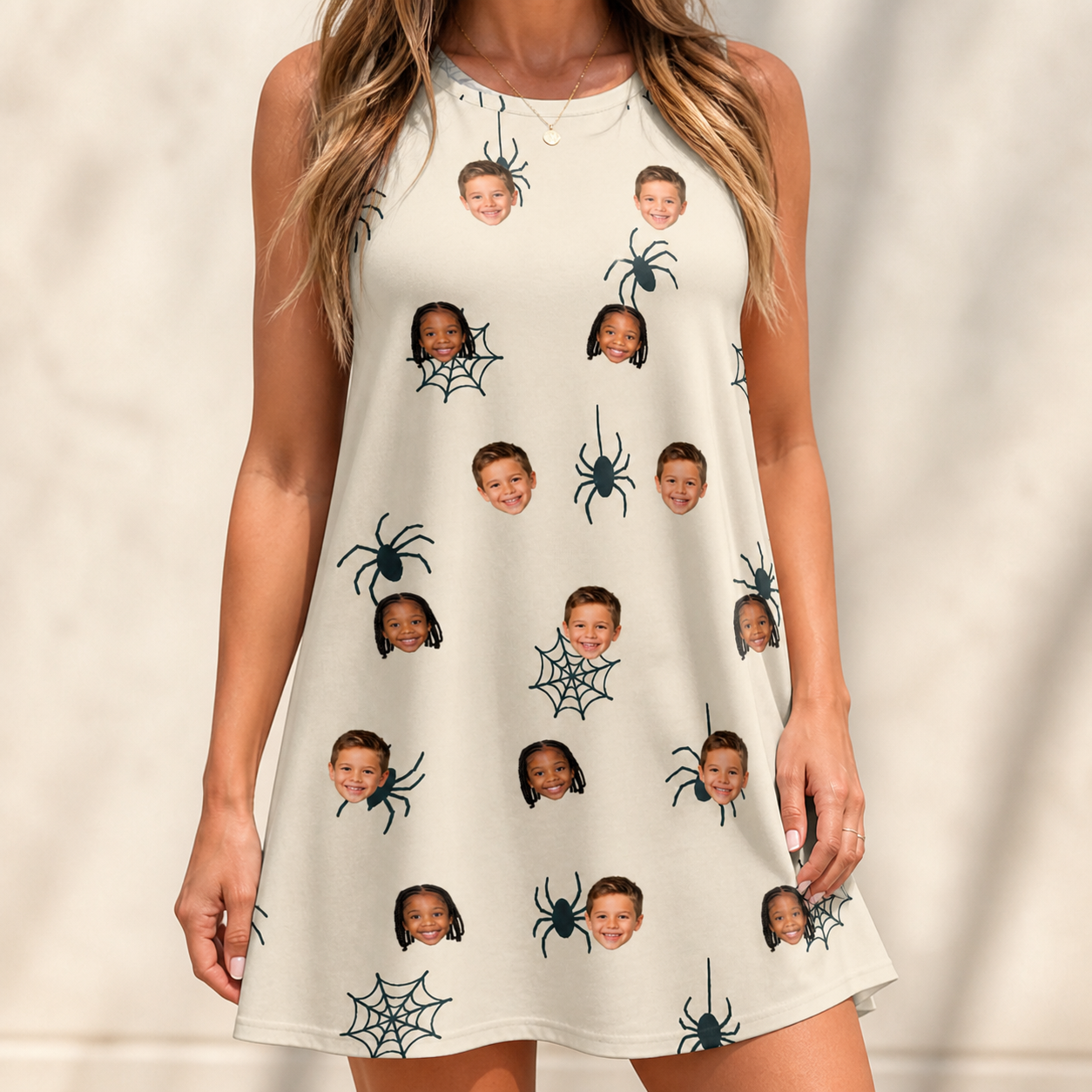 Model wearing Women's Tarantula Tango Custom Face Tank Dress printed with kids' faces