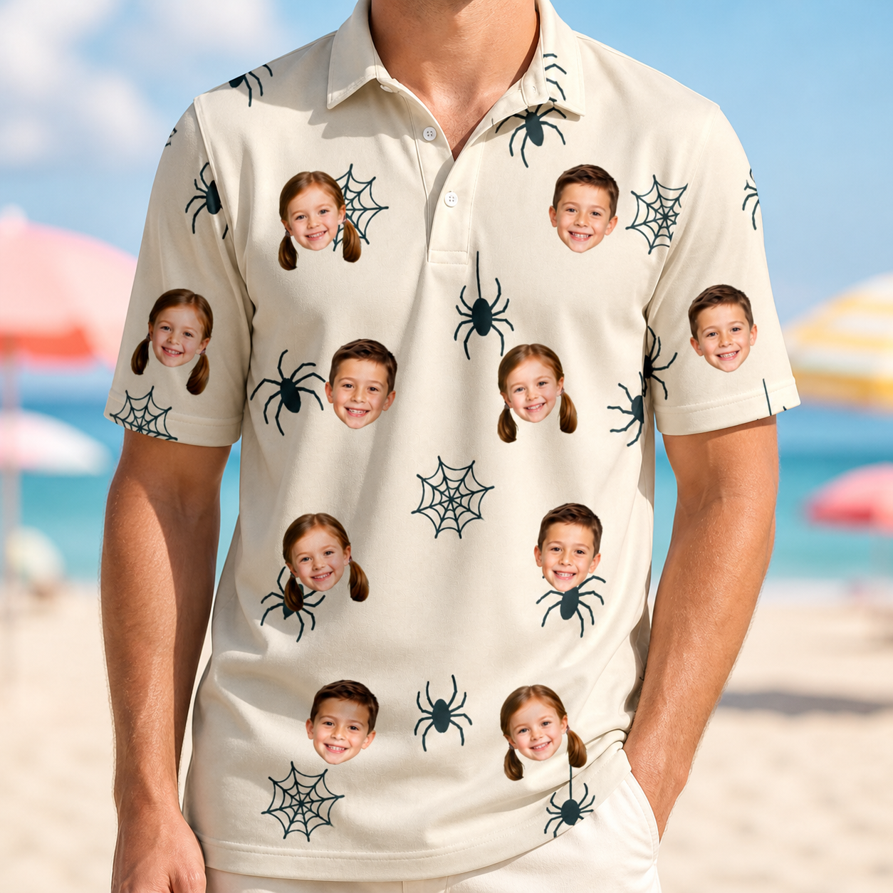Model wearing Men's Tarantula Tango Custom Face Polo Shirt printed with kids' faces