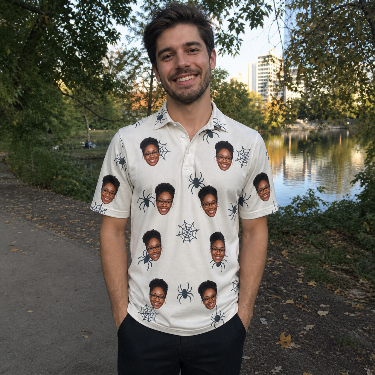 Real-life photo of someone wearing Men's Tarantula Tango Custom Face Polo Shirt — custom faces printed all-over