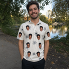Real-life photo of someone wearing Men's Tarantula Tango Custom Face Polo Shirt — custom faces printed all-over