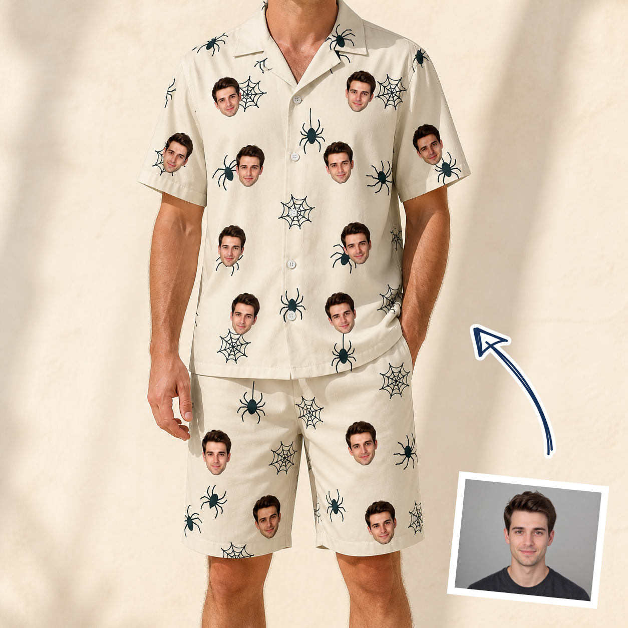 Man wearing Men's Tarantula Tango Custom Face Shirt & Shorts Set — custom faces printed all-over