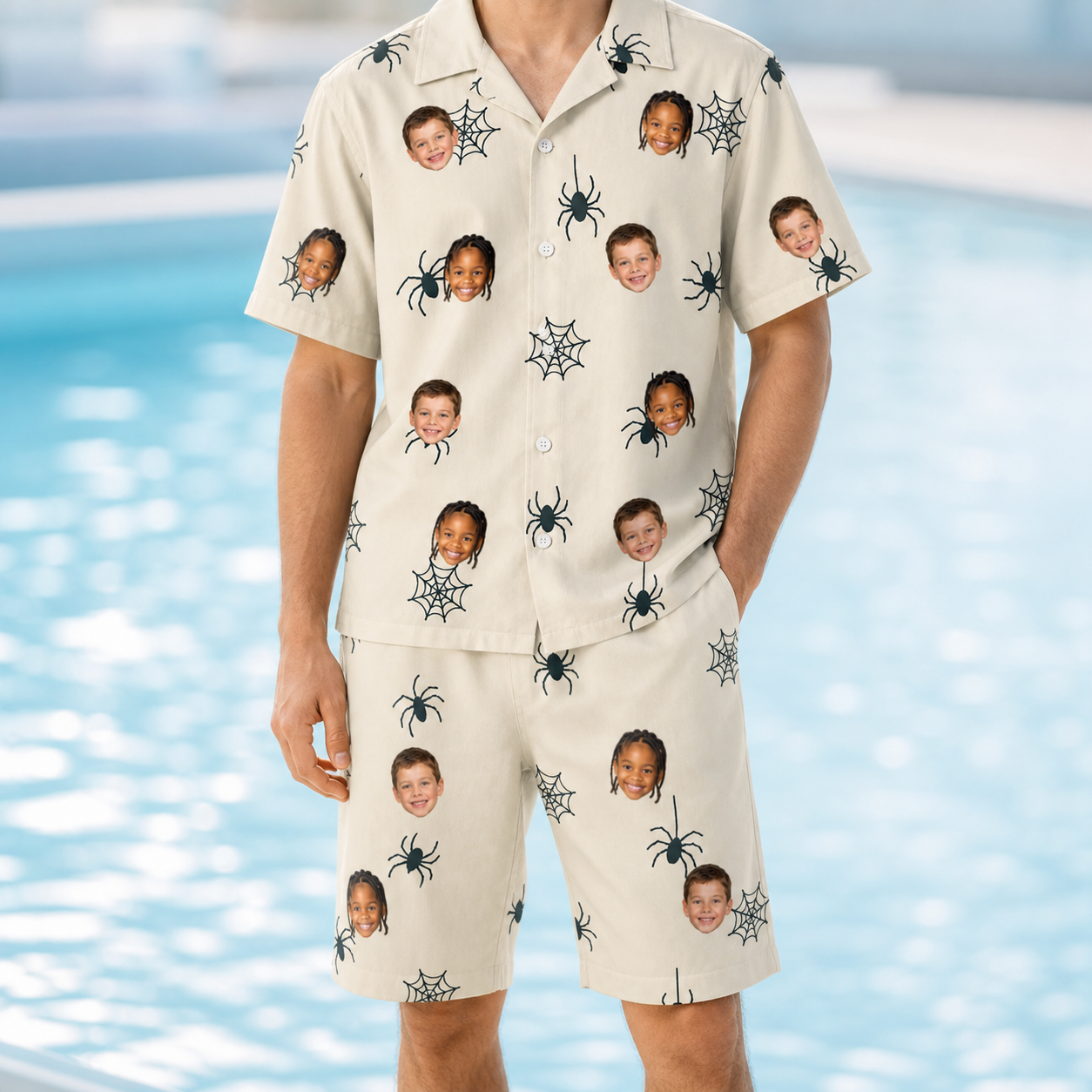 Model wearing Men's Tarantula Tango Custom Face Shirt & Shorts Set printed with kids' faces