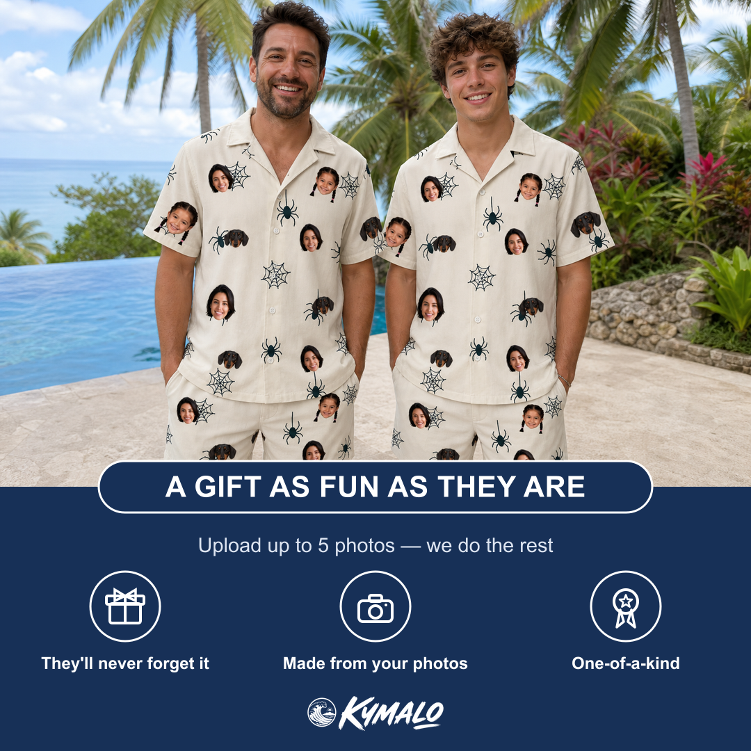 Friends in matching Men's Tarantula Tango Custom Face Shirt & Shorts Set — a group gift photo