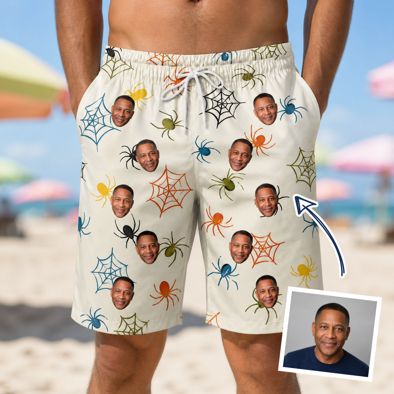 Man wearing Men's Creepy Crawlers Custom Face Beach Shorts — custom faces printed all-over