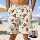 Man wearing Men's Creepy Crawlers Custom Face Beach Shorts — custom faces printed all-over