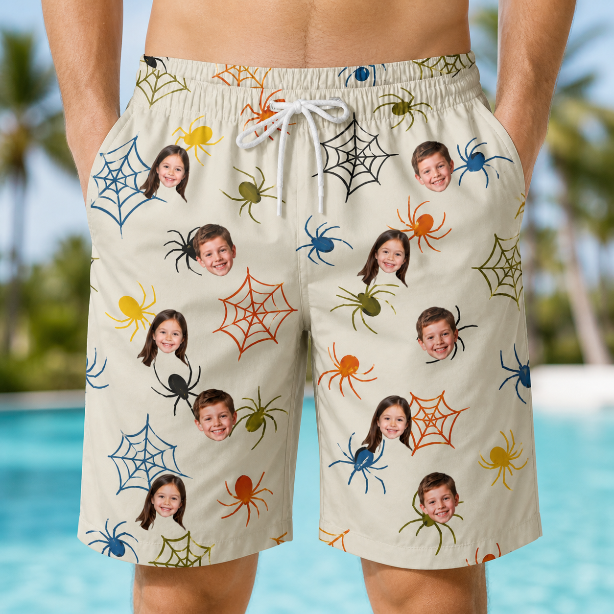 Model wearing Men's Creepy Crawlers Custom Face Beach Shorts printed with kids' faces