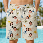 Model wearing Men's Creepy Crawlers Custom Face Beach Shorts printed with kids' faces
