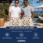 Friends in matching Men's Creepy Crawlers Custom Face Beach Shorts — a group gift photo