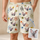 Man wearing Men's Creepy Crawlers Custom Cat Face Beach Shorts — custom faces printed all-over