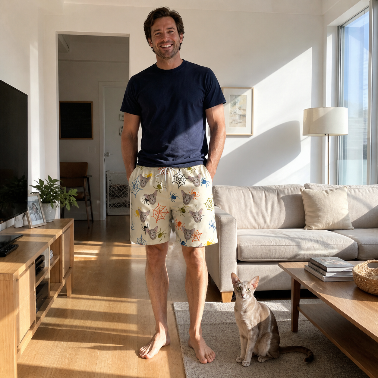 Full-length photo with the pet printed all over this Men's Creepy Crawlers Custom Cat Face Beach Shorts