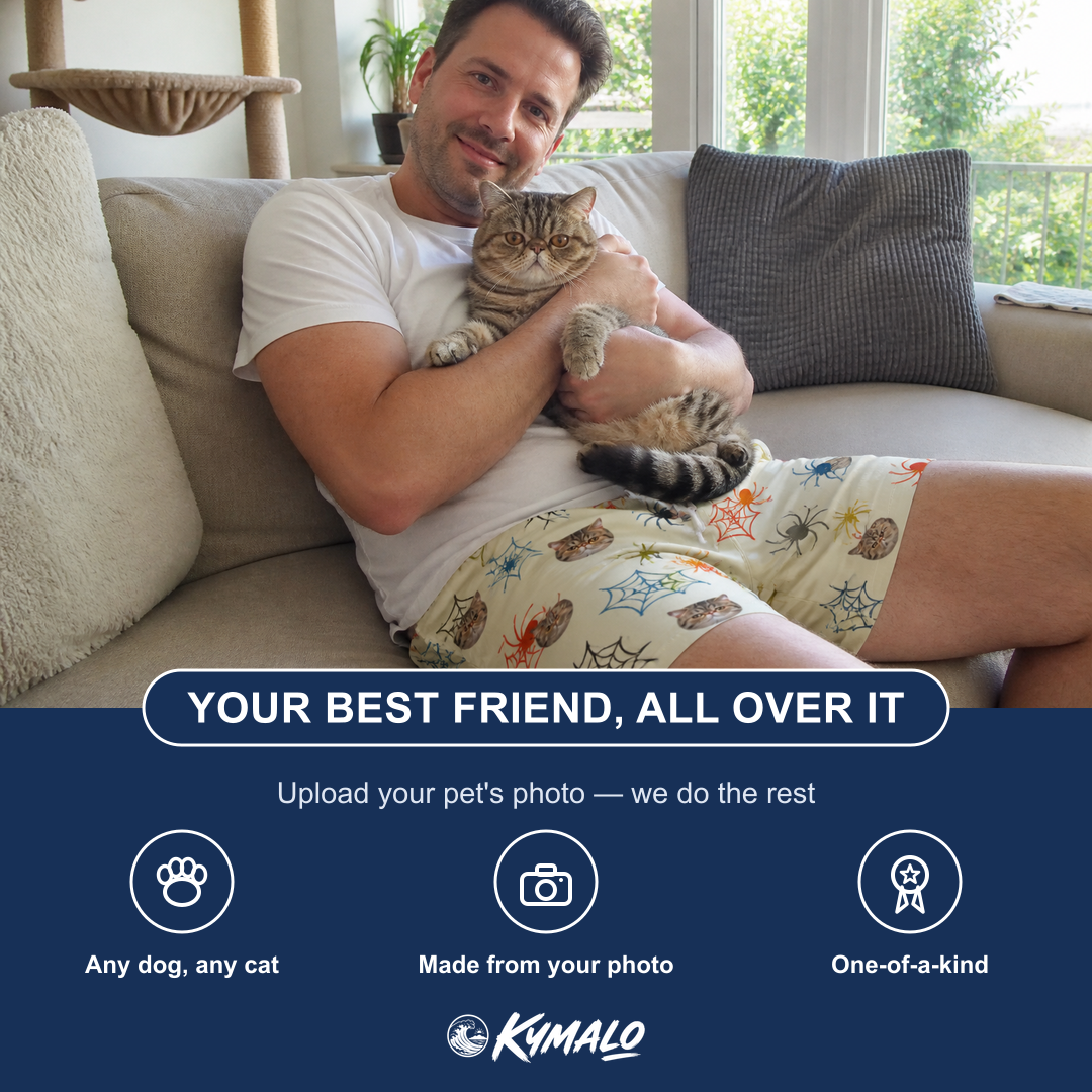 Friends in matching Men's Creepy Crawlers Custom Cat Face Beach Shorts — a group gift photo