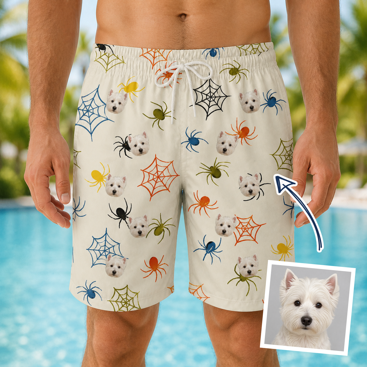 Man wearing Men's Creepy Crawlers Custom Dog Face Beach Shorts — custom faces printed all-over