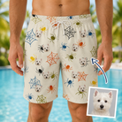 Man wearing Men's Creepy Crawlers Custom Dog Face Beach Shorts — custom faces printed all-over