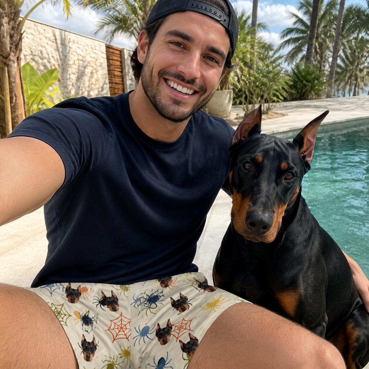 Selfie with the pet whose face is printed all over this Men's Creepy Crawlers Custom Dog Face Beach Shorts