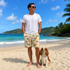 Full-length photo with the pet printed all over this Men's Creepy Crawlers Custom Dog Face Beach Shorts