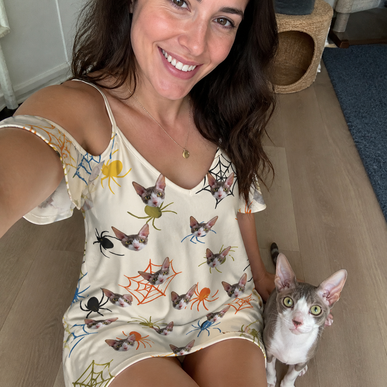 Selfie with the pet whose face is printed all over this Women's Creepy Crawlers Custom Cat Face Off-Shoulder Dress